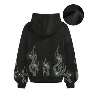 2026 New Arrival Best-Selling 3D Embroidery Rhinestone Zipper-Up Street Flame Graphic Oversized Boxy Cropped Men's Hoodie - Product Image 3