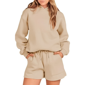Ensemble short et sweat à capuche oversize pour femme, couleur unie, en coton et fibre de bambou tricoté, tenue décontractée pour l'été - Product Image 1