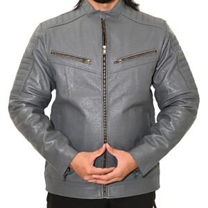 <b>Men</b> Gray Genuine <b>Leather</b> Moto Biker <b>Jacket</b> Stand Collar Zipper Closure Slim Fit Windproof Winter Style <b>Faux</b> Fur Lining - Product Image 1
