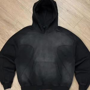 Sudadera con capucha para hombre, corte regular, estilo patchwork, efecto desgastado por el sol, lavado ácido, 350g, forro polar 100% algodón, transpirable para invierno - Product Image 4