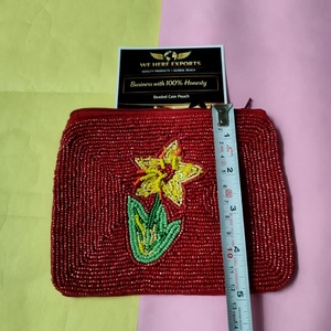 Artisan Crimson Blossom Handmade Beaded Coin Pouch Red Flower Design Zipper Closure Chain Strap Bohemian Style Unisex Mini Size - Product Image 5