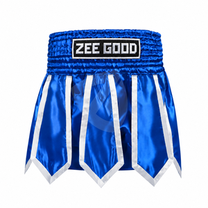 กางเกงชกมวยผ้าซาตินสีน้ำเงิน Zee Good แต่งขอบสีขาว สำหรับผู้ใหญ่ ยูนิเซ็กซ์ ชุดศิลปะการต่อสู้ ทรงเข้ารูป โลโก้ด้านหน้า มวยไทย คิกบ็อกซิ่ง - Product Image 1