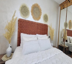Contemporary Wooden Cane Webbing Headboard <b>Queen</b> Bed Handcrafted Natural Boho Bedroom Furniture Design Accent - Product Image 1
