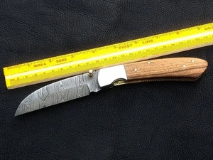 Handmade Damascus Steel <b>Drop</b> Point Folding Pocket Knife Olive Wood Handle Custom EDC Utility Leather Sheath OEM ODM 3-Year - Product Image 6