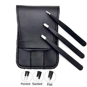 Ensemble de pinces à cils de précision en acier inoxydable à pointe lisse, 4 pièces, emballage en cuir noir - Product Image 2