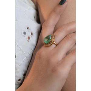 Bague victorienne en argent sterling 925, design tendance en forme de poire, pierre précieuse verte et diamant Polki, bijoux fins, pour mariage. - Product Image 3