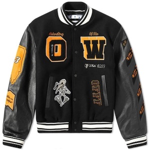 Blouson universitaire Off-White noir en PU pour homme avec patch brodé O W, style streetwear, coupe classique, collection automne - Product Image 1