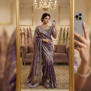Sari en satin de soie avec broderie de designer à sequins et fils multiples, travail Zari, et chemisier brodé entièrement cousu - Product Image 4