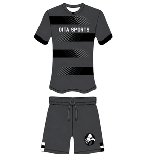 <b>Charcoal</b> Grey Black Rugby Jersey Shorts Set Short Sleeve Crew Neck Striped Team Uniform Custom Breathable Training Sportswear - Product Image 1