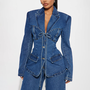 Blazer en jean pour femme, style corset, avec ceinture à nouer sur le devant, coupe ajustée, effet délavé, collection automne, personnalisable OEM ODM, streetwear haut de gamme, vêtement d'extérieur - Product Image 3