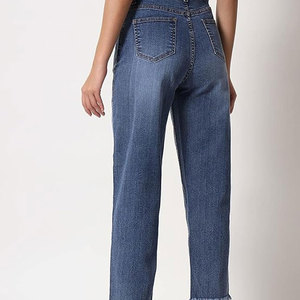 High Waist Womens Straight Leg <b>Denim</b> Jeans Frayed Raw Hem Blue <b>Stretch</b> Pants Casual Ankle Length Trouser Spring Style - Product Image 4