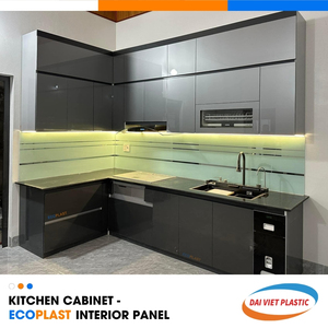 Panel Interior de PVC Estilo Moderno Luz LED Estilo Monocromático Armarios de Cocina Gris Oscuro Fábrica de Fabricación Líder de Vietnam - Product Image 4