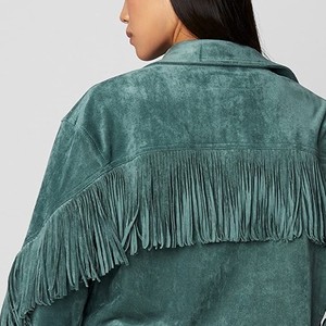 Premium Green Genuine <b>Suede</b> Women <b>Leather</b> Fringe <b>Jacket</b> Button Closure Type Back and Shoulder Fringes Customization Avaible - Product Image 4