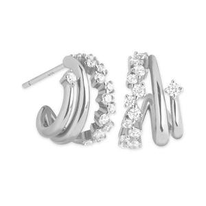 Boucles d'oreilles créoles Huggie à triple rangée en or massif 14K avec diamants de laboratoire pour femme, créoles superposées, boucles d'oreilles délicates multi-bandes style Crawler - Product Image 2