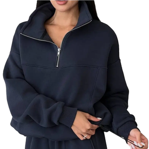 Ensemble de survêtement décontracté pour femme avec sweat à capuche demi-zippé et pantalon de jogging, couleur unie, manches longues, coupe oversize, longueur cheville - Product Image 4