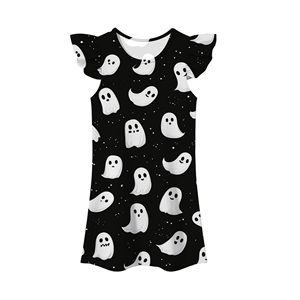 Robe trapèze pour filles, motif fantôme violet, manches volantées, en mousseline, mini, grande taille, lavable, motif rayé mignon, col en V, tenue d'été - Product Image 3