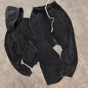 Custom Men's Tracksuit High Quality Manufacturer Cotton Vintage Washed Faded Rhinestone Zip up Hoodie Straight <b>Sweatpants</b> <b>Set</b> - Product Image 6
