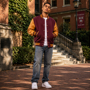Veste universitaire pour homme de couleur marron avec manches en PU beige, fermeture à boutons, vêtement décontracté pour l'automne, coupe classique - Product Image 4