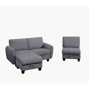 Divano in Velluto a Coste Grigio per Soggiorno con Pouf, Set di Mobili Confortevoli per la Casa - Product Image 5