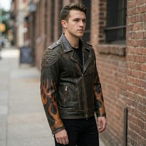 Veste de motard en cuir véritable vieilli pour homme avec motif flamme - Product Image 3