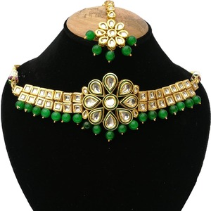 Collier choker indien classique pour femme, pour mariage, fiançailles, anniversaire, fête, vert, cristal traditionnel, Kundan, fausse perle, alliage d'or, cadeau - Product Image 2