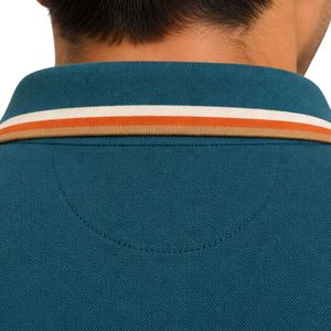 Premium Teal Blue Mens <b>Polo</b> Shirt With Beige And <b>Orange</b> Contrast Collar Shoulder Line And Sleeve Trim Custom Logo Short Sleeve - Product Image 5