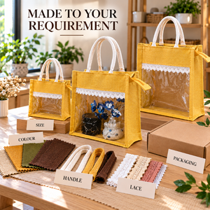 Sac de shopping en jute de haute qualité premium |   Sac fourre-tout réutilisable écologique avec fenêtre transparente en PVC, fermeture éclair, poignée en coton doux, taille et couleur personnalisées - Product Image 5