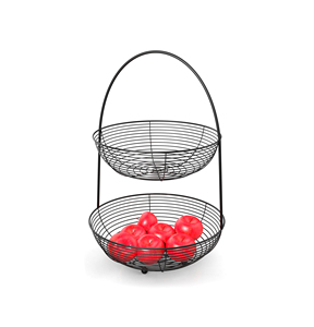 Panier de rangement moderne en fil métallique à 2 niveaux avec poignée, forme ronde, porte-fruits noir - Product Image 1