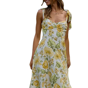 Robe midi vintage en mousseline 100% coton imprimé floral, anti-plis, col à capuche, bretelles spaghetti, coupe trapèze ample, décontractée, été, haute qualité - Product Image 1