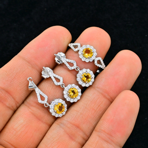 Anillo y Pendientes Colgantes de Plata de Ley 925 con Gema Redonda de Citrino Étnico, Diseño Certificado por IGI, Joyería Fina para Mujer - Product Image 2