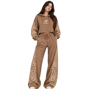 Ensemble de survêtement décontracté pour femme, marron mocha, imprimé cachemire, avec sweat à capuche court et pantalon large, coupe ample, style streetwear hiver - Product Image 1