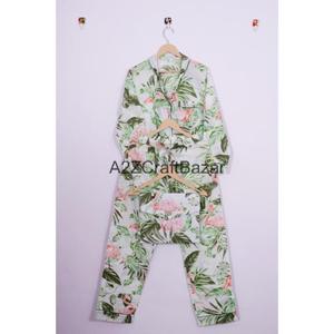 Ensemble de pyjama pour femmes imprimé floral de luxe fait à la main, 100% coton, taille élastique, manches longues, vêtements de nuit d'été, doux et respirant - Product Image 1