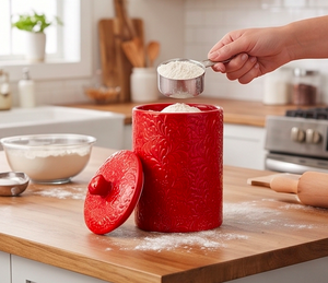 Conteneur de rangement de cuisine moderne en métal thermolaqué rouge avec un design élégant, parfait pour le stockage des légumineuses et des épices, et comme objet décoratif. - Product Image 5