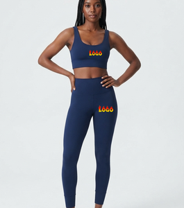 Custom <b>Navy</b> Blue 2-Piece Yoga Set Scoop Neck Racerback <b>Crop</b> Top High Waist Full Length <b>Leggings</b> Heat-Transfer Printed Logo Front - Product Image 1
