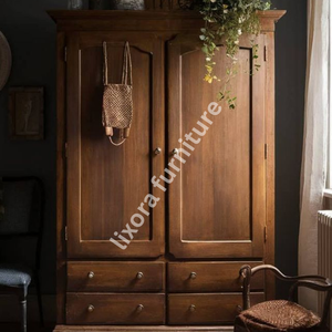 Luxury Handcrafted Solid Wood 2 <b>Door</b> Wardrobe with 4 Lower Drawers <b>Rustic</b> Finish Armoire - Product Image 4