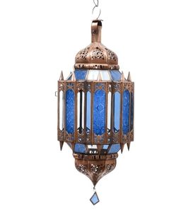 Brass <b>Lantern</b> With Blue Embossed Glass Panels Intricate Cutout Design Durable Home Decoration <b>Candle</b> Holder - Product Image 1
