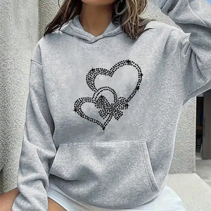 Sweat-shirt à capuche unisexe surdimensionné avec imprimé cœur en strass gris, vêtement décontracté pour l'automne - Product Image 1