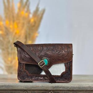 Handmade Genuine Leather Clutch <b>Bag</b> With Turquoise Stone Floral Embossing Bohemian Style For Women - Product Image 2