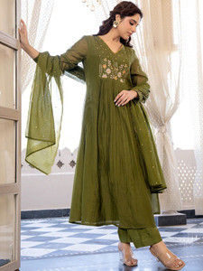 <b>Women</b> Olive Green Silk Blend Embroidered Knee-Length Quick Dry Digital Print <b>Kurta</b> Set Trousers Traditional Indian Pakistani - Product Image 2