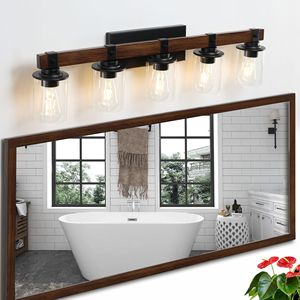 Lampada da Parete Rustica a 5 Luci Stile Fattoria Moderna, Applique Industriale da Bagno da 35 Pollici con Paralumi in Vetro, Illuminazione per Specchio da Bagno in Legno - Product Image 3