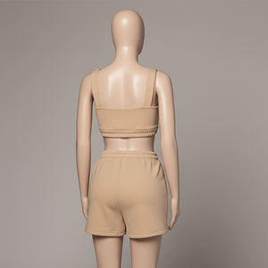 Ensemble deux pièces pour femmes : débardeur court uni kaki à col rond et short de détente à cordon de serrage – Vêtements en gros OEM ODM - Product Image 3