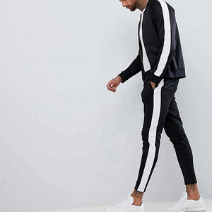 Survêtement Homme Rayé Noir et Blanc, Coupe Ajustée, Fermeture Éclair Intégrale, Style Urbain, Respirant, en Polyester, Joggers Décontractés Printemps - Product Image 1