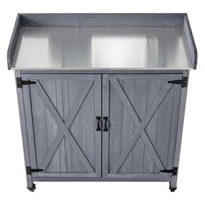 Tavolo da Giardinaggio per Esterni con Armadietto in Legno, Piano in Ferro Zincato 36 X 16, per Hotel e Giardini - Product Image 1
