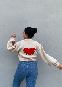 Women's <b>White</b> Hand <b>Knitted</b> <b>Cardigan</b> With Watermelon Appliques Puff Sleeve V Neck Crop Length Casual Sweater - Product Image 6