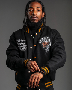 Child of God Vintage Wool Bomber Jacket Stand Collar Front Logo Pride Black College University Lettermen Streetwear - Product Image 2