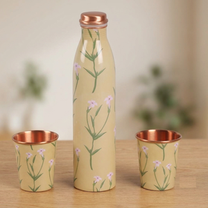 Trio d'hydratation : Bouteille d'eau florale en cuivre avec couvercle, ensemble de vaisselle portable pour usage domestique - Product Image 6