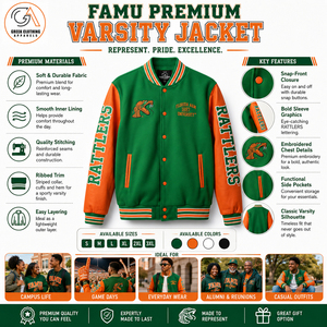Veste universitaire unisexe personnalisée en polaire vert et orange FAMU, respirante, écologique, pour l'hiver, avec broderie vintage - Product Image 5
