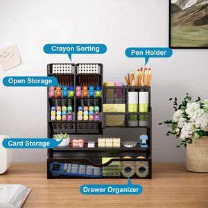 Organizer da Scrivania Multifunzionale in Rete con Portapenne e Cassetto per Ufficio, Materiali Artistici e Accessori per il Trucco - Product Image 2