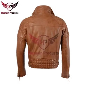 Blouson en cuir véritable marron pour homme, style motard asymétrique, en cuir de vachette matelassé, avec revers et poches zippées, personnalisé, chaud pour l'hiver - Product Image 4