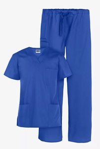 Unisex Blue V Neck <b>Scrub</b> Set Hospital Uniform Spandex/Polyester Woven Fabric Pants Included Seamless Fusing Needle Detection - Product Image 4